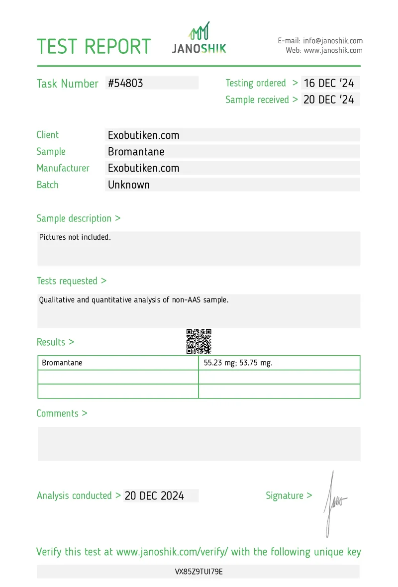 Laboratorieanalys av Bromantane 55 mg/tablett – verifierad renhet och styrka.