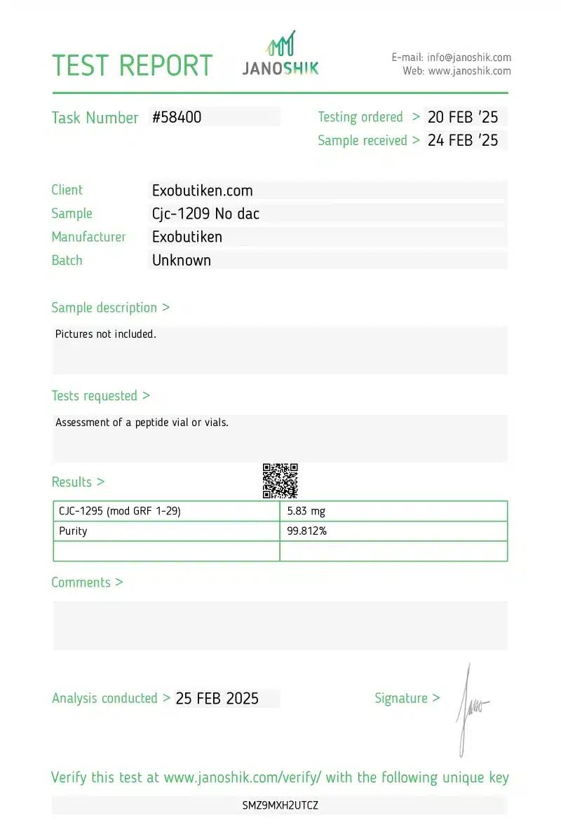 CJC-1295 5,83 mg peptid – Ökar naturligt tillväxthormon (GH) och IGF-1, vilket ger muskelökning och fettförbränning.